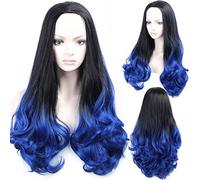 GJBXP Largo Rizado Ondulado Mullido Resistente Al calor Fibra sintética Rendimiento del cabello Moda Omber natural Mezclado Raíces oscuras Pelucas para Cosplay 28inches / 70cm Azul