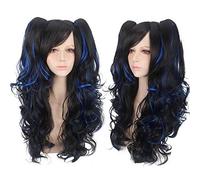 GJBXP Moda Sexy Halloween Lolita Larga y rizada Cosplay Peluca con doble garra Cola de caballo Fiesta de disfraces de Halloween Pelucas para mujeres mezclar negro azul