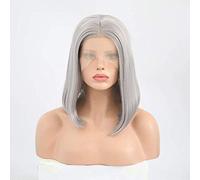 GJBXP Pelucas delanteras de encaje de fibra sintética resistente al calor Bob corto Gris plateado Cabello liso Peluca completa para mujeres Niñas 12 pulgadas