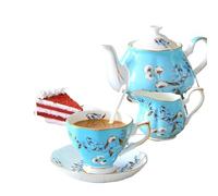 GJGHKLHL Juego de té Porcelana 15 Piezas, Juego Taza y platillo Azul Vintage, Servicio café for 6, con azucarero Jarra Leche