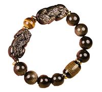 GJGHKLHL pulsera, Pulsera de obsidiana oro negro Natural doble PiXiu oración budista tropas valientes brazalete cuentas piedra pulseras DIY for hombres y mujeres