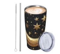 GJHKSSVB Golden Stars And Moon - Vaso de acero inoxidable aislado de 590 ml, a prueba de fugas, taza de café de viaje con tapa y pajilla, botella de agua, vasos para bebidas, regalos para mujeres