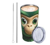 GJHKSSVB Green Clever Monkey - Vaso aislado de acero inoxidable de 20 onzas, a prueba de fugas, taza de café de viaje con tapa y pajilla, botella de agua, vasos para bebidas, regalos para mujeres