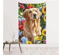 GJHKSSVB Tapiz de pared Golden Retriever y flores de 152 x 101 cm, terciopelo melocotón para colgar en la pared, telón de fondo, póster sin daños, decoración de pared para dormitorio, sala de estar