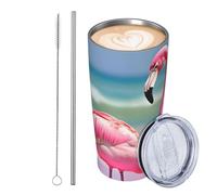 GJHKSSVB Un vaso de 590 ml con diseño de flamenco rosa en la playa, de acero inoxidable, aislado, a prueba de fugas, taza de café de viaje con tapa y pajilla, botella de agua, vasos para bebidas