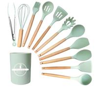 GJIE Juego de utensilios de cocina, juego de 12 utensilios de cocina de silicona con mango de madera, resistentes al calor, antiadherentes, espátula, cuchara, apto para lavavajillas, las mejores