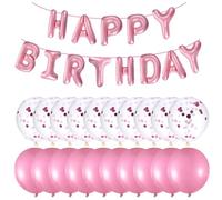 Gjinxi 33 globos rosa Happy Birthday de 16 pulgadas, globos de feliz cumpleaños, pancarta de confeti, kit de decoración de fiesta de cumpleaños, accesorios para adultos, niñas, niños, hombres y