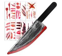 Gjinxi Cuchillo falso con accesorios de sangre artificial, 10 pegatinas de tatuaje temporales, accesorios de Halloween Bloody Ghostface, juego de cuchillos de juguete, accesorios para gritos de