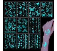 Gjinxi Tatuajes temporales que brillan en la oscuridad para mujeres, 10 hojas, flores brillantes, mariposas, alas, estrellas, luna, pegatinas impermeables para cara, cuerpo y brazos, decoraciones de