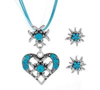 GJKLO Set de 2 Joyas Bávaras Tradicionales Collar de Traje Tradicional con Colgante de Corazón de Edelweiss de Diamantes de Imitación, Oktoberfest, joyas para mujer, Plata y azul lago
