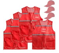 GJXWD 3 Piezas Personalizado Chaleco de Seguridad Chaleco de Seguridad Reflectante de Alta Visibilidad con Bolsillos Y Cremallera Frontal Contiene 3 Piezas Sombreros,4XL,Red
