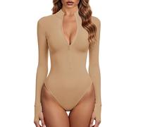 GJY Monos para mujer de una pieza con cremallera frontal de manga larga Tops Jumpsuits, Albaricoque Claro, XL