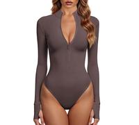 GJY Monos para mujer de una pieza con cremallera frontal de manga larga Tops Jumpsuits, Rosa marrón, M