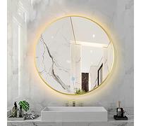 GJZQDKX Espejo de baño Redondo LED con Sensor táctil, Espejo de Maquillaje con atenuación de 3 Colores, Marco de Aluminio retroiluminado, 80 x 80 cm, Acabado Dorado baños Modernos.