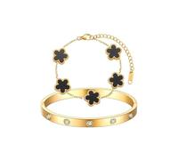 Gkaopi 2 Piezas Trebol 4 Hojas Pulsera Mujer 18K Oro Pulsera Zirconio Cúbico Conjunto Pulseras Acero Inoxidable Ajustables Pulseras Antialergica Suerte para Niña Mujer Regalo