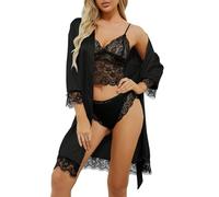 Gkaopi Pijamas Mujer Conjunto de Pijamas de Seda Satén de 4 Piezas Bata Corta con Cinturón Sexy Encaje Lencería Camisola Pantalón Corto y Braguita Ropa de Dormir de Novia Boda