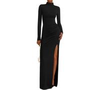 Gkaopi Vestido Largo Mujer Sexy Manga Larga Cuello Alto Maxi Vestidos Largo Ajustado Elegante Vestidos con Abertura Casual Cintura Alta Bodycon Wrap Vestido Fruncido de Fiesta Cóctel Clubwear