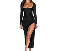 Gkaopi Vestido Largo Mujer Sexy Manga Larga Cuello Cuadrado Maxi Vestido con Abertura Ajustado Elegante Largo Vestidos de Fiesta Cintura Alta Fruncido Bodycon Vestidos de Noche Cóctel Invitada Bodas