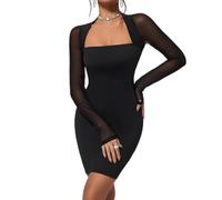 Gkaopi Vestido Mujer Sexy Bodycon Mini Vestidos Manga Larga de Malla Elegante Ajustado Vestido de Noche con Cuello Cuadrado Cintura Alta Corto Vestidos para Fiesta Cóctel Club Otoño