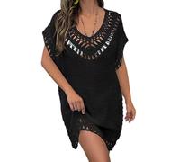 GKSMHD Vestido de Playa Corto Informal de Color Liso con Escote de Crochet para Mujer - Ideal para Protegerse del Sol Durante Las Vacaciones Talla Única.
