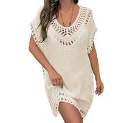 GKSMHD Vestido de Playa Corto Informal de Color Liso con Escote de Crochet para Mujer - Ideal para Protegerse del Sol Durante Las Vacaciones Talla Única Color Beige.