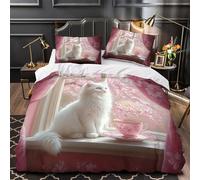 GKWEQPQWK Gato Blanco Junto a la Ventana Impresión 3D 3 Piezas cubrecama Escena Floral Pastel Funda de edredón Microfibra morbida antiácaros para Chicos Hombres Adultos Super King（260x220cm）