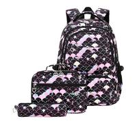 GKYQVE Juego de 3 mochilas escolares para niños de tela Oxford con soporte para lápices de almuerzo, mochila de gran capacidad para uso diario, mochila de camping al aire libre, Black, Mass Beauty