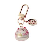 GKYQVE Llavero de metal con diseño de gatos de dibujos animados con campanas de estilo japonés para mujeres y hombres, regalo para decoración de coche, blanco