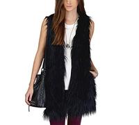 GL SUIT Chaleco de Piel sintética para Mujer Chaleco de Invierno para Mujer Chaleco sin Mangas Chaqueta sin Mangas de Medio Largo Chaleco de Rebeca Abierto Shaggy Chaleco de Piel,Negro,XL