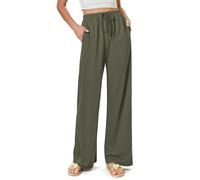 Glacspyg Pantalones de pierna ancha que fluyen para mujer, pantalones casuales de playa de cintura alta con cordón Palazzo pantalones con bolsillos, Verde militar, XS