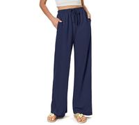 Glacspyg Pantalones de pierna ancha que fluyen para mujer, pantalones casuales de playa de cintura alta con cordón Palazzo pantalones con bolsillos, azul marino, M