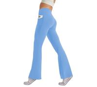 Glacspyg Pantalones para mujer con bolsillos, pantalones de yoga para el tiempo libre, pantalones deportivos de cintura alta, elásticos, anchos y con corte de bota, azul claro, L