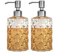 GLADPURE Dispensador de jabón - Paquete de 2 dispensadores de jabón de manos recargables de vidrio transparente con diseño de diamante de 12 onzas; con bomba de acero inoxidable 304 a prueba de óxido,