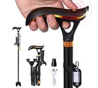 Gladwork - Bastón plegable con luz y alarma, 6 niveles de carga USB, altura ajustable con mango en T de descompresión, adecuado para personas mayores, artritis y lesiones en las piernas, bastones