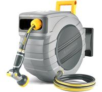 GLAHODEN Carrete retráctil para manguera de jardín, carrete automático de manguera de agua montado en la pared de 1,27 cm x 35 m, con bloqueo de cualquier longitud, sistema de retorno lento, boquilla