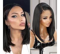 GLAM21USA Peluca de encaje frontal HD de 13 x 6 pulgadas, sin pegamento, invisible transparente, mezcla de cabello humano prearrancado, longitud de hombro, peluca sintética de encaje suizo - Brianna