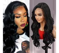 GLAM21USA Peluca de encaje frontal HD de onda suelta de 13 x 6 pulgadas, sin pegamento, invisible, transparente, mezcla de cabello humano, prearrancada, encaje suizo, peluca sintética larga rizada
