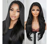 GLAM21USA Peluca frontal de encaje HD, lisa, rizada, sin pegamento, invisible, transparente, con línea precortada, peluca sintética de encaje suizo, con botón (71 cm, 1-JETBLACK)