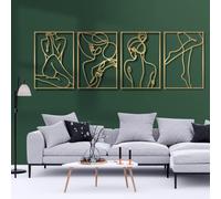 Glamativity Paquete de 4 decoraciones de pared doradas, decoración minimalista, decoración de pared de una sola línea, arte de pared de metal real, arte abstracto de pared con forma de cuerpo de mujer