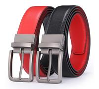 Glamicci Cinturón reversible de piel auténtica para hombre, 33 mm de ancho, cinturón 2 en 1, correa ajustable para adaptarse, negro/ rojo, Large: Up to 40” Waist Trim to adjust