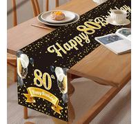 Glamifyr Camino de mesa para 80 cumpleaños, color negro y dorado, Happy 80th Birthday Tischband para hombres y mujeres, 180x35 cm