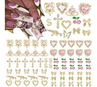 Glamorous - Kit de 80 joyas para arte de uñas, aleación dorada y dijes de diamante rosa para uñas, diseños únicos: coronas, corazones, cruces, cerezas, mariposas, pistolas y signos de dólar