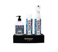 GLAMOUR PARFUM - Pack Ambientador Textil + Recambio 300 ml + Jabón de Manos 500 ml - Ambientador Hogar Tokyo - Aroma Floral y Cítrico - para Pulverizar en la Cama o en Cortinas