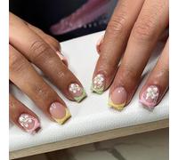 GlamRays 24 Piezas Adhesivos para Uñas Cortas Cuadradas Estilo Francés Uñas Postizas Gotas de Agua con Diseño de Flores