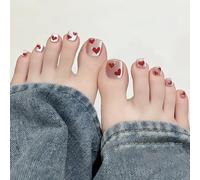 GlamRays 24 Piezas de uñas postizas de pies con corazón Rojo francés acrílico Corto Cuadrado