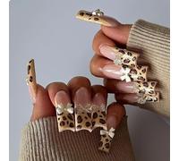 GlamRays 24 piezas de uñas postizas estilo French Tip - Uña falsa larga ovalada en color marrón con acabado brillante tipo cebra - Diseño de llavero 3D en acrílico Squoval