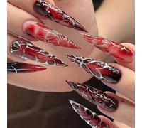 GlamRays 24 Piezas Halloween Uñas Postizas Largas Stiletto Uñas Artificiales Rojas Uñas Falsas Con Líneas Curvas Plateadas Diseños de Sangre Y2k Brillantes Pegado en Uña