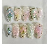 GlamRays 24 Piezas Uñas Postizas Coloridas Almendra Mediana Uñas Falsas con Diseño de Flores 3D Mariposa, Gradiente Multicolor Uñas Acrílicas, Uñas Falsas, Stiletto
