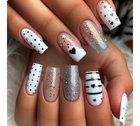 GlamRays 24 uñas postizas con forma de corazón a rayas, tamaño mediano, con forma de café, uñas postizas, puntas francesas, juego completo de uñas postizas para niñas, madres, mujeres, regalo