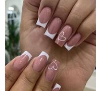 GlamRays 24 uñas postizas francesas con forma de corazón blanco, estilo francés, largas, cuadradas, acrílicas